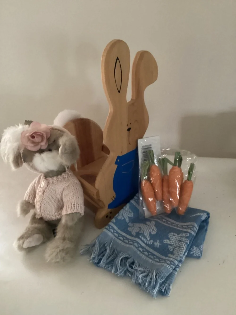Wood Bunny Basket + Boyd’s Bears Bunny, Bunny Towel and Carrot Trims